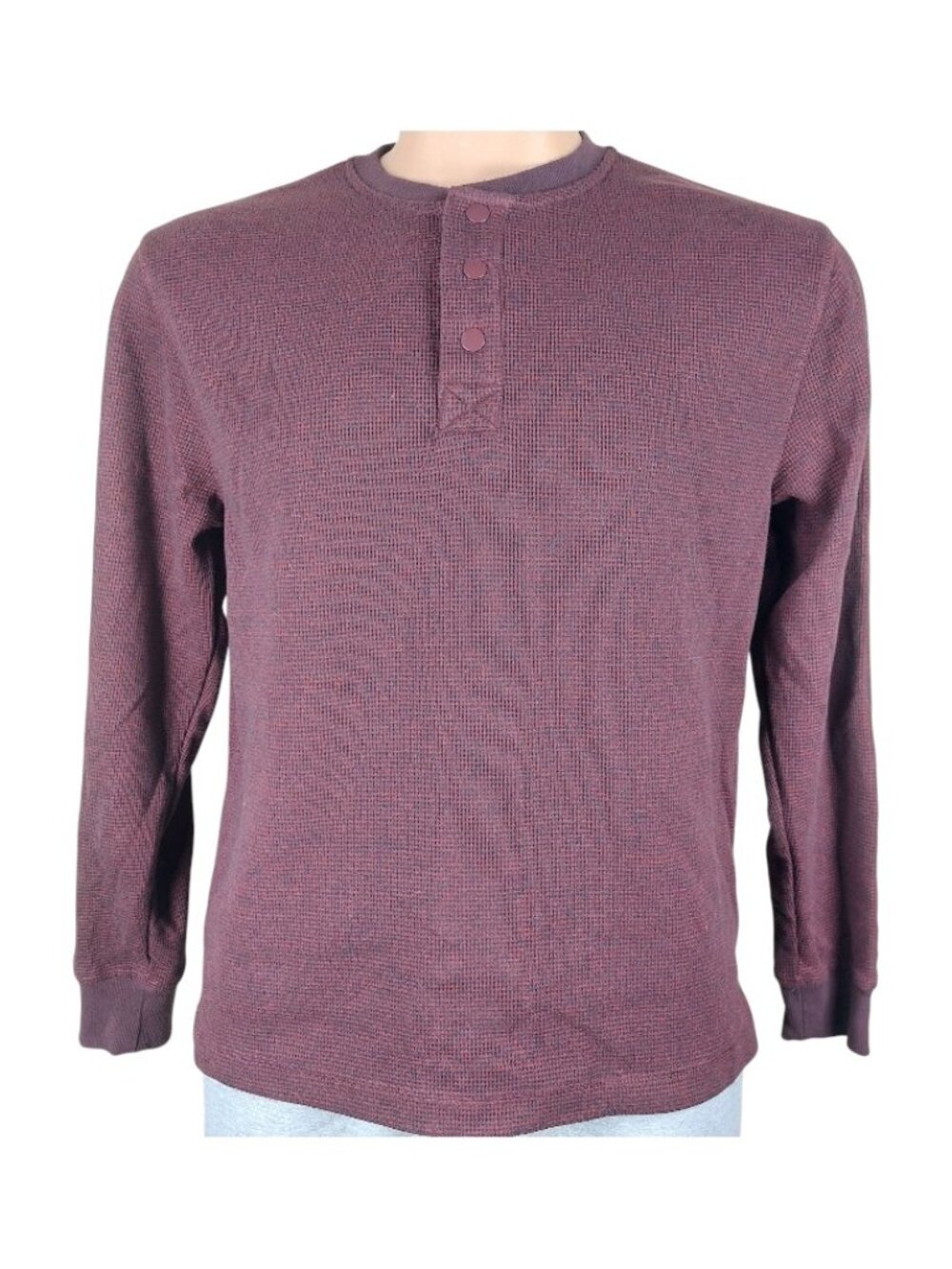 Victory Men's Burgundy Waffle-Knit Raglan Sleeve Henley-Neck T-Shirt Size L